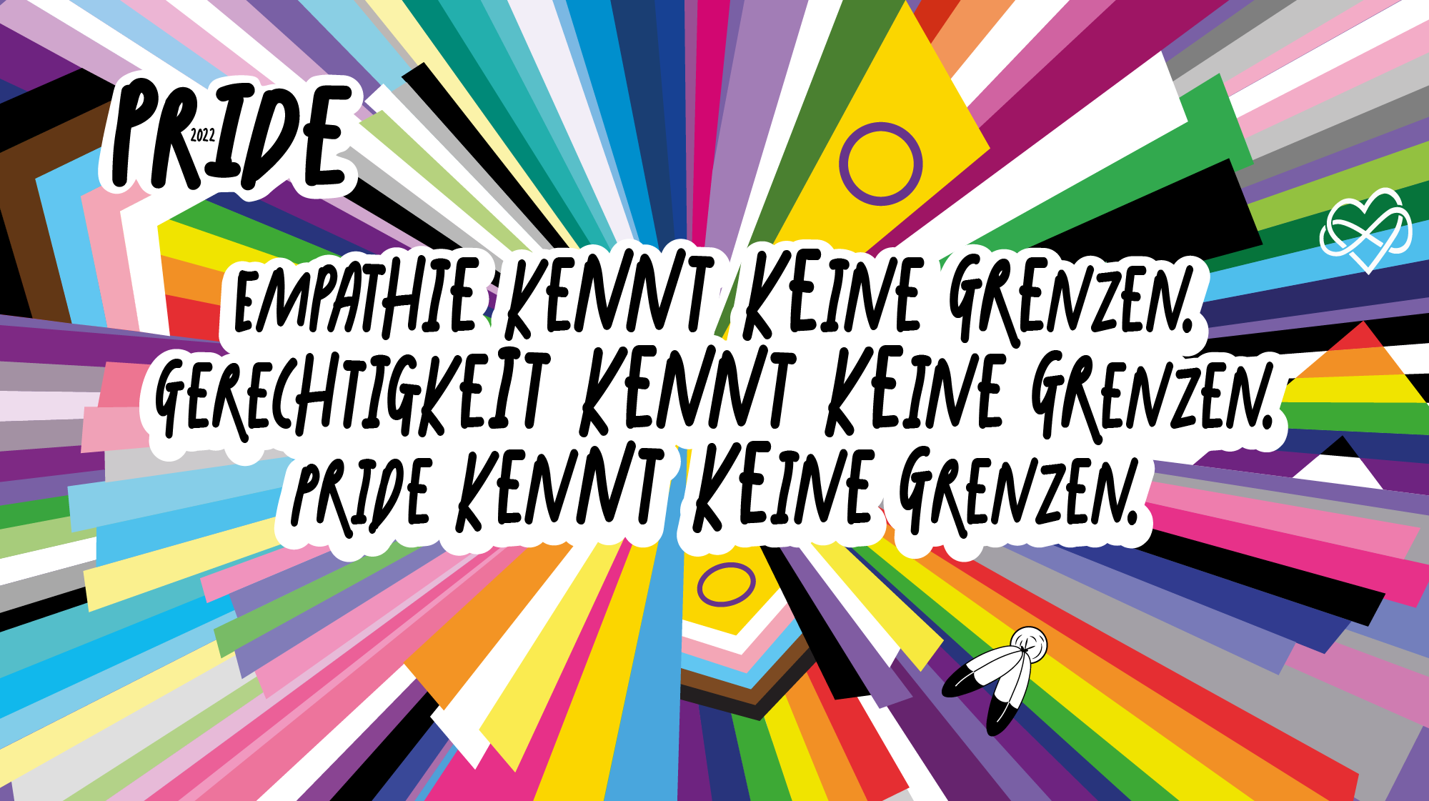 Pride Logo 2022: mpathie kennt keine Grenzen. Gerechtigkeit kennt keine Grenzen. Pride kennt keine Grenzen.