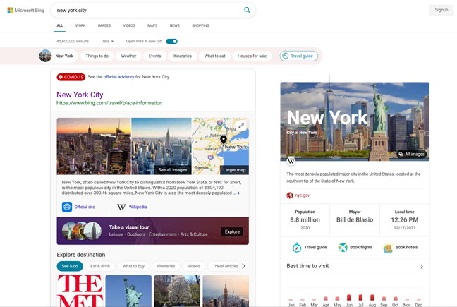 Bing-Funktionen für New York