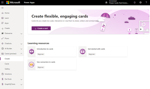 Die neue Seite Cards in Power Apps zeigt Lernressourcen und die Option "Create a card".
