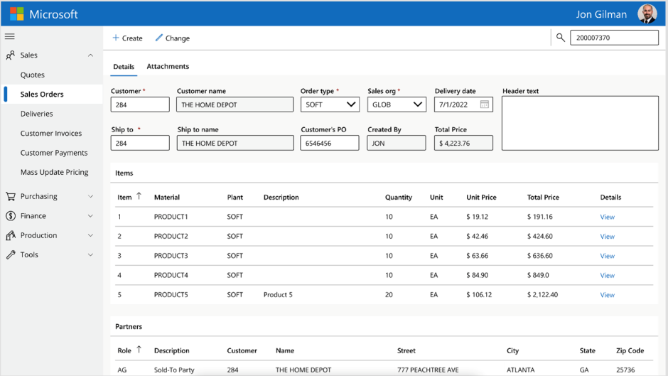 The image shows a Power App that has retrieved SAP data - sales order and item breakdown.