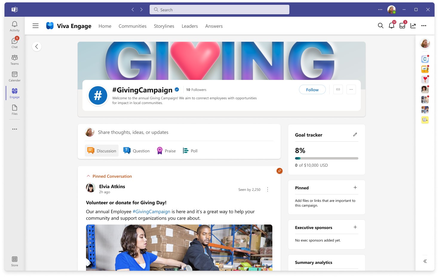 Das Bild zeigt einen Screenshot von Microsoft Teams mit der Viva Engage App und einer Giving Kampagne.