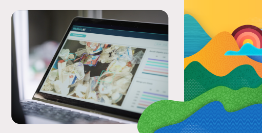 Links ist ein Laptop mit der Software von WeSort.AI zu sehen. Rechts sind Natur-Illustrationen zu sehen in grünen, blauen und gelben Farben.