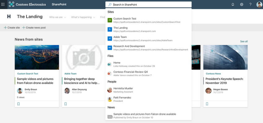 Imagen que muestra a Microsoft Search utilizado en SharePoint. La búsqueda sugiere sitios, archivos, personas, y noticias para el usuario.