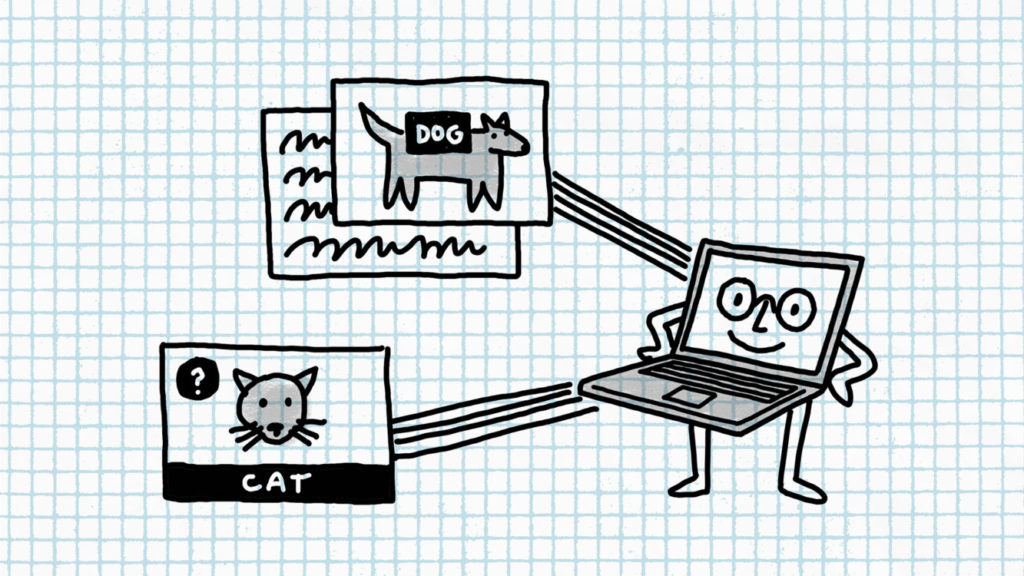 Gráfico de una laptop antropomórfica con pantallas de un perro y un gato proyectadas a la izquierda