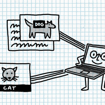 Gráfico de una laptop antropomórfica con pantallas de un perro y un gato proyectadas a la izquierda