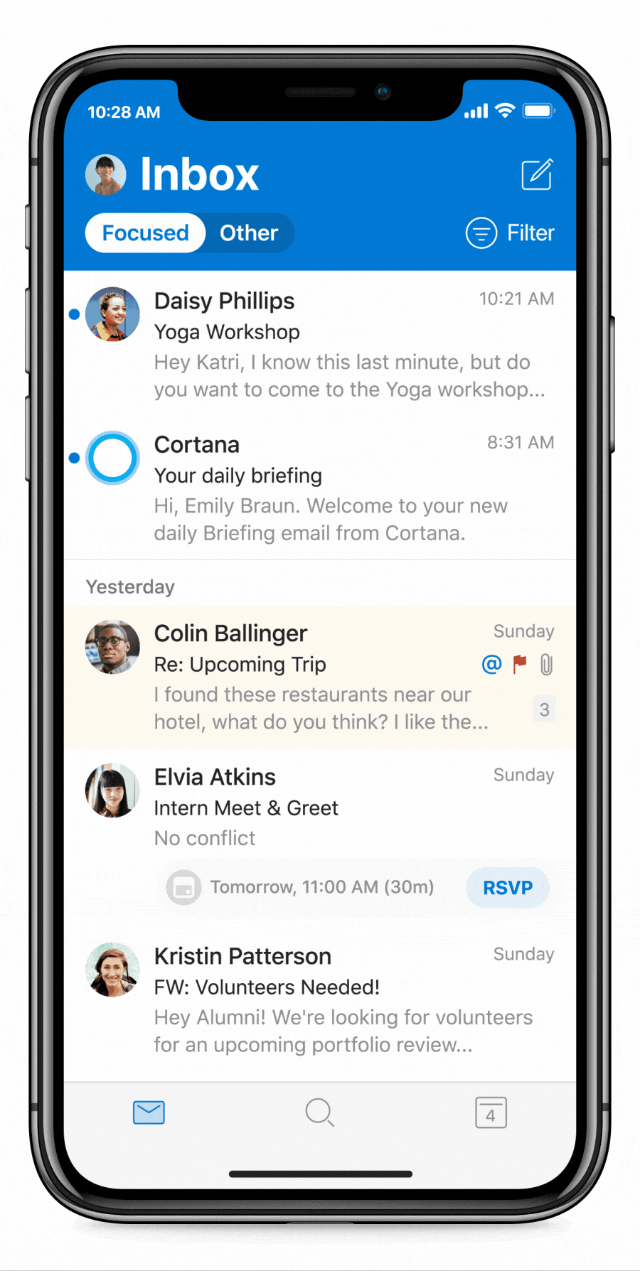 Imagen animada de Cortana Daily Briefings en Outlook Mobile. El usuario abre un resumen diario, marca como completado un reporte de calidad, una tarea completada, y agenda tiempo de concentración después de revisar su calendario.