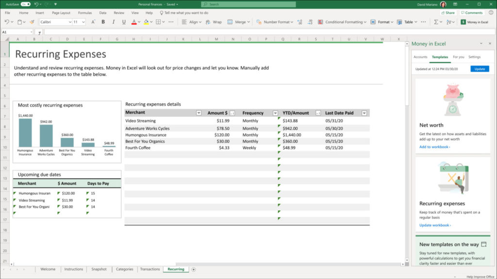 Imagen de gastos recurrentes con gráficos y tablas dentro de Excel.