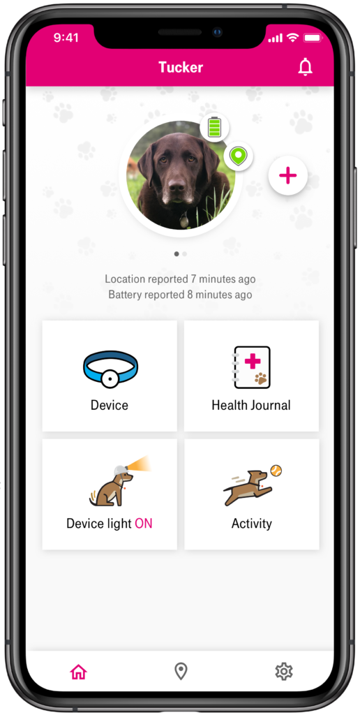 La pantalla de inicio de la aplicación de rastreo de mascotas de T-Mobile