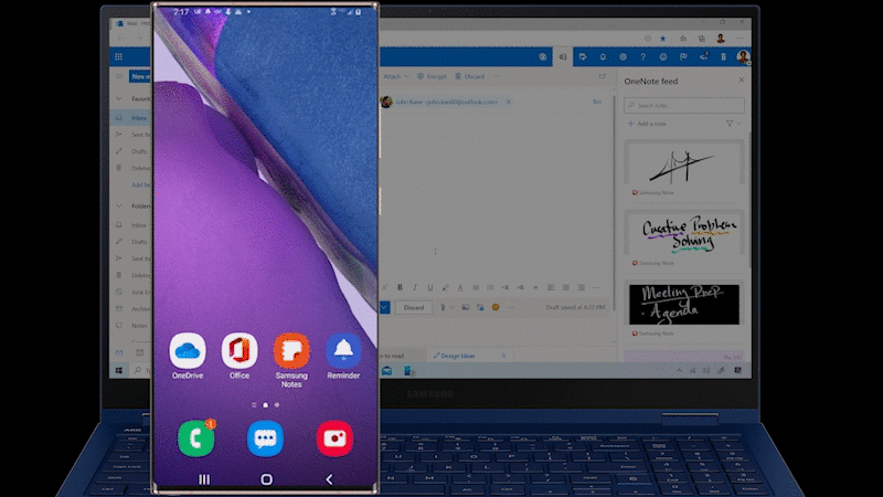 GIF que muestra Samsung Notes M365, para compartir un boceto de un puente de un teléfono al email en la PC