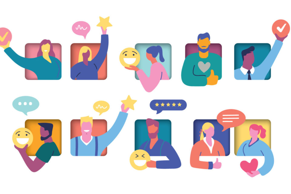 Ilustración de diez personas que salen de diez ventanas con diferentes emojis junto a cada uno de ellos