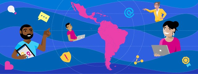 Ilustración de un mapa de Latinoamérica y personas con laptops y tabletas