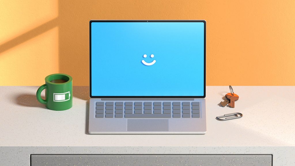 Ilustración de una computadora con una sonrisa en la pantalla