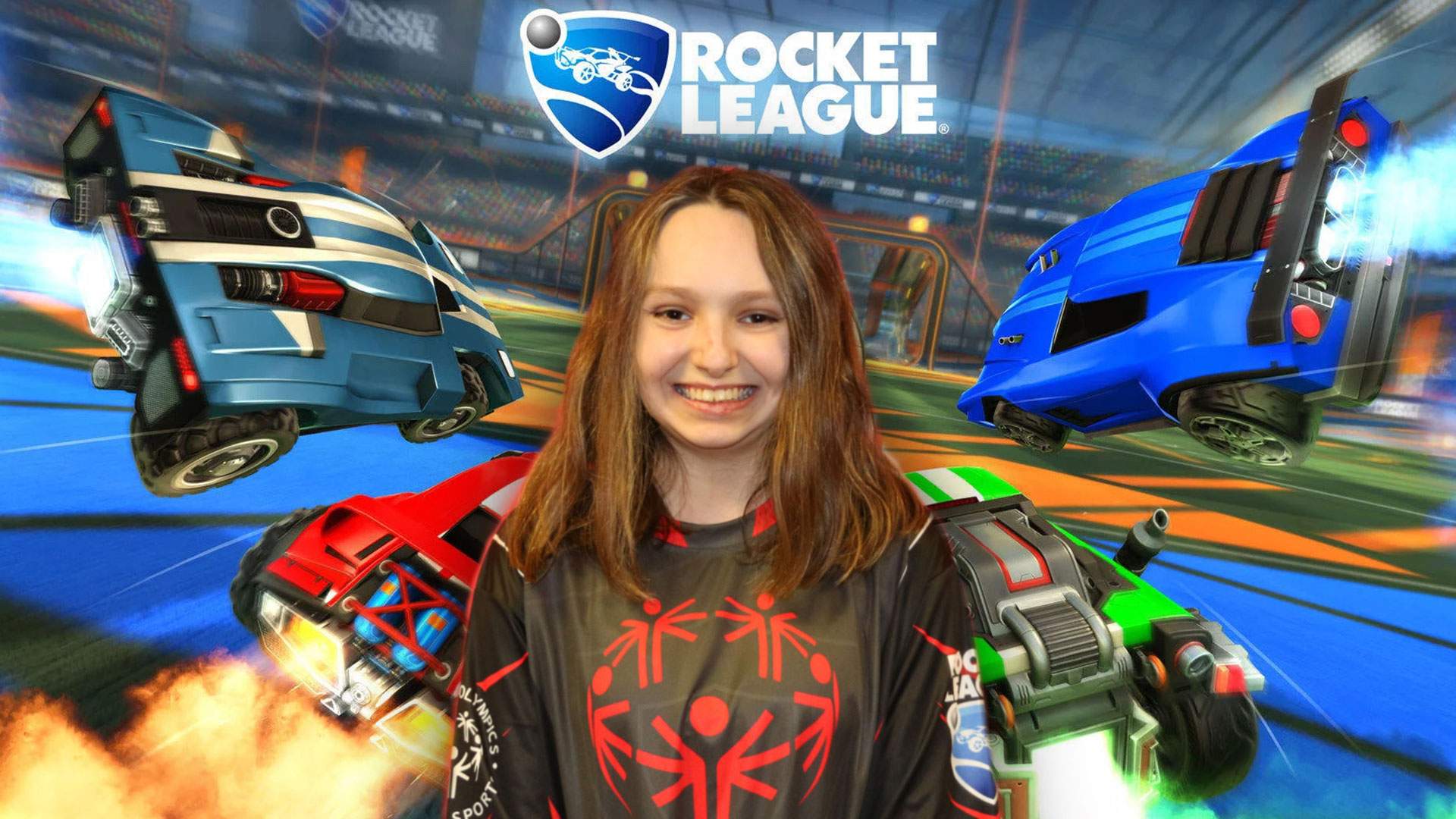 Una de las participantes de Gaming for Inclusion con un fondo de Rocket League
