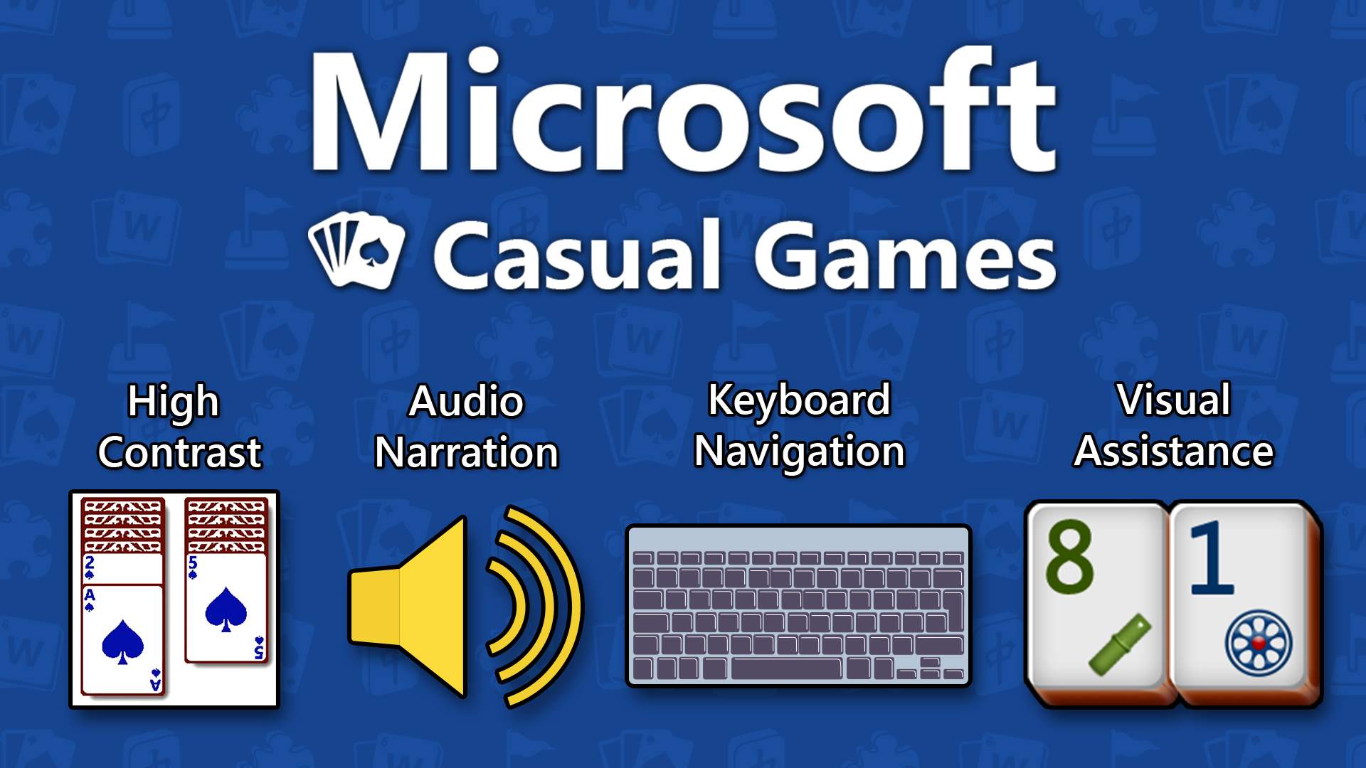 El logotipo de Microsoft Casual Games con cuatro gráficos que representan alto contraste, narración de audio, navegación con teclado y asistencia visual.