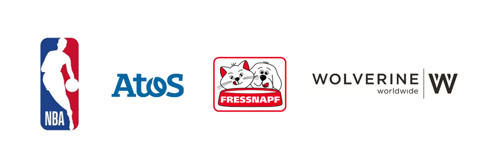 Logotipos de empresas que comienzan, a la izquierda, con la NBA, Atos, Fressnapf y Wolverine Worldwide.