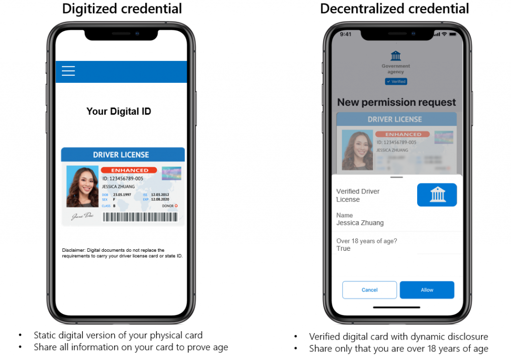 Dos teléfonos que muestran la licencia de conducir de una mujer. La primera imagen comparte toda la información de la tarjeta. La segunda imagen solo comparte el nombre y la edad.