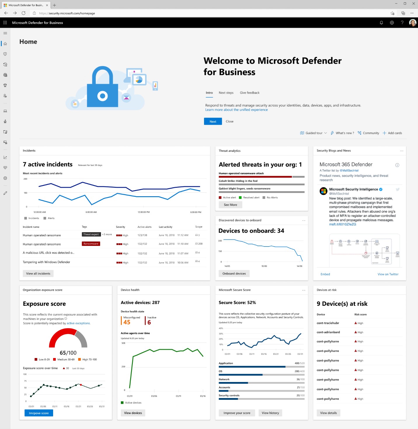 Página de inicio de Microsoft Defender for Business dentro de un navegador Edge con paneles que muestran los incidentes activos y el estado del dispositivo.