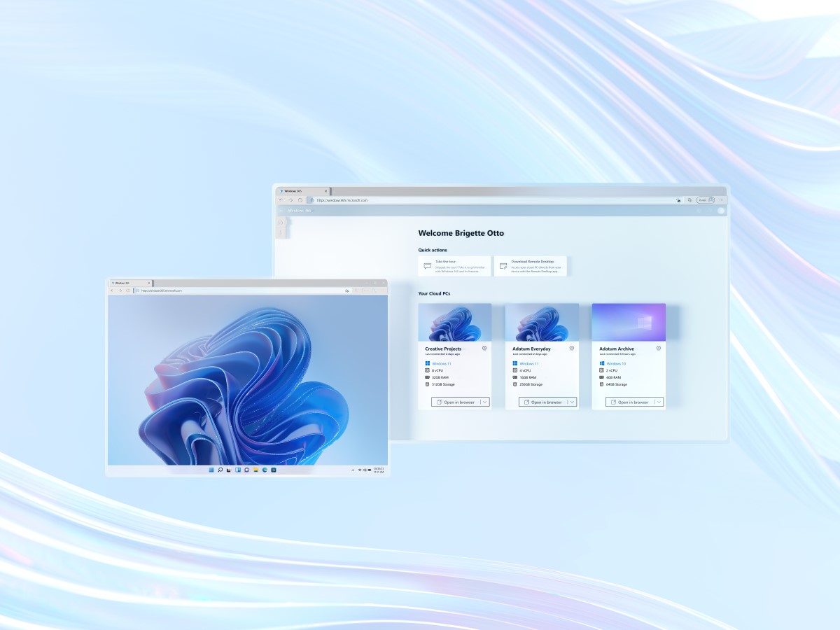 Dos navegadores Edge que muestran la interfaz de usuario de Windows 365. El navegador de la izquierda muestra un escritorio de Windows 11 con tecnología de Windows 365. El navegador de la derecha muestra la pantalla de bienvenida de Windows 365.