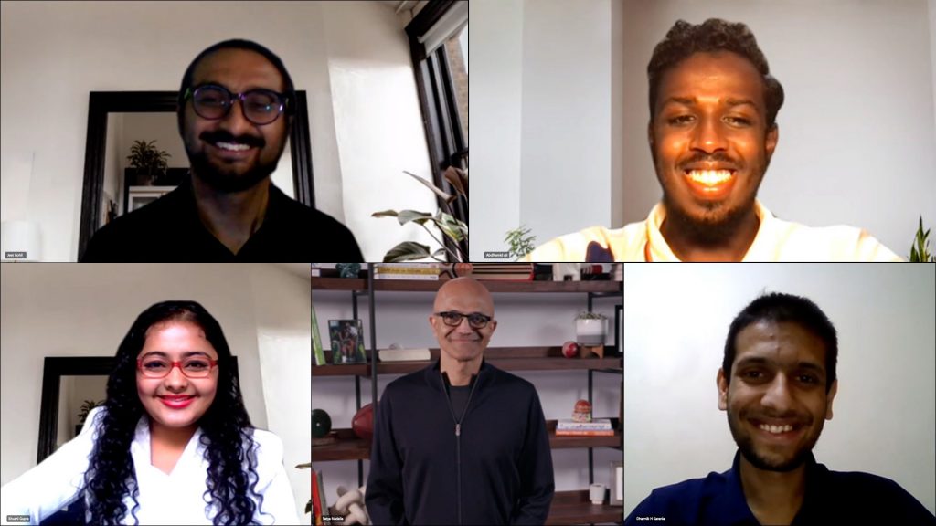 Cinco estudiantes se reúnen con el director ejecutivo de Microsoft, Microsoft Satya Nadella, a través de una llamada de Teams