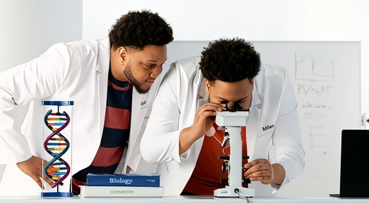 Dos hombres en batas de laboratorio mirando a través de un microscopio