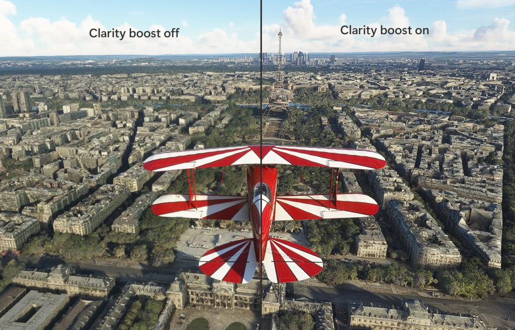Pantalla dividida que muestra un biplano que sobrevuela París, con el lado derecho de la pantalla que muestra el efecto de Clarity Boost