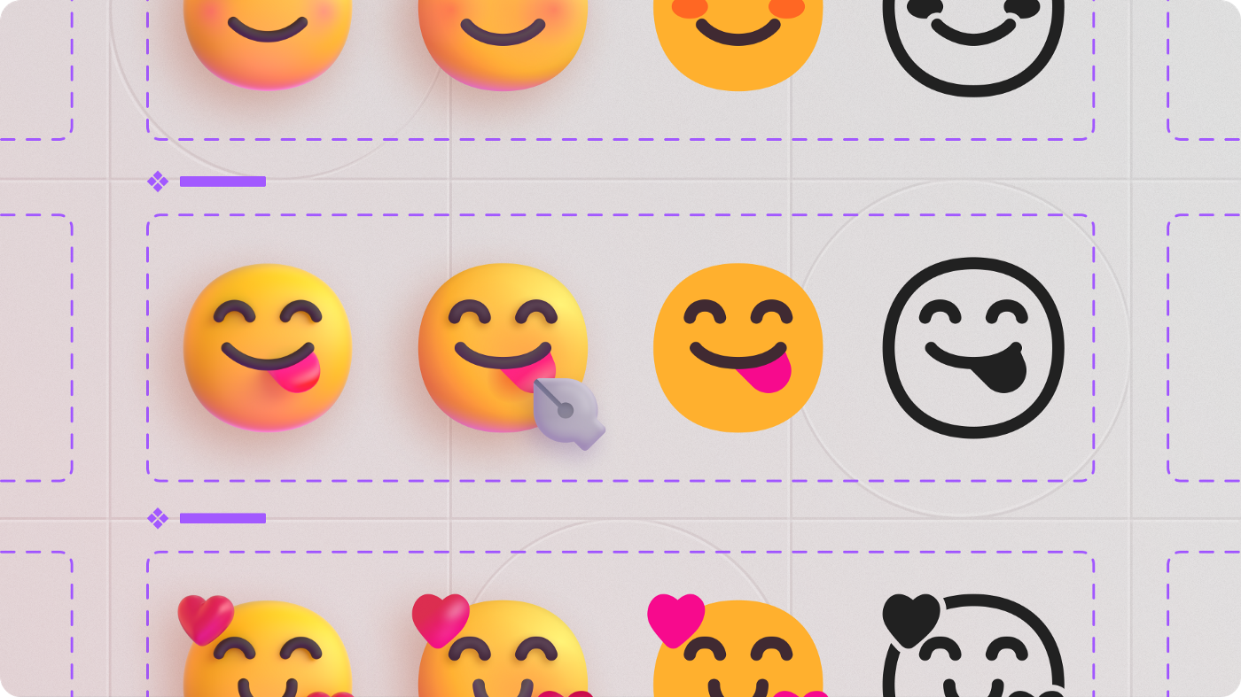 Hay cuatro emojis pícaros seguidos. El primero es 3D, el segundo es vectorial con la herramienta de lápiz apuntando a su lengua, el tercer emoji es plano y el cuarto, monocromático.
