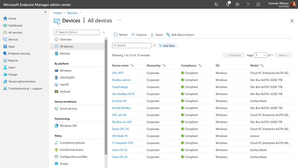 Captura de pantalla que muestra Dev Boxes que se administran junto con otros dispositivos desde Microsoft Endpoint Manager.