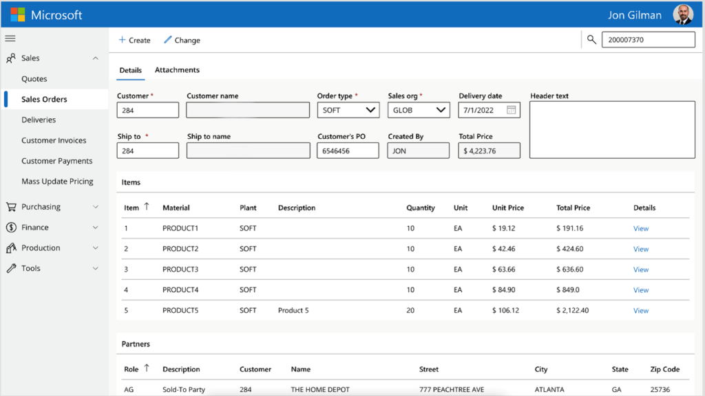 A Power App is shown that has pulled data from SAP, such as sales orders and item breakdowns.