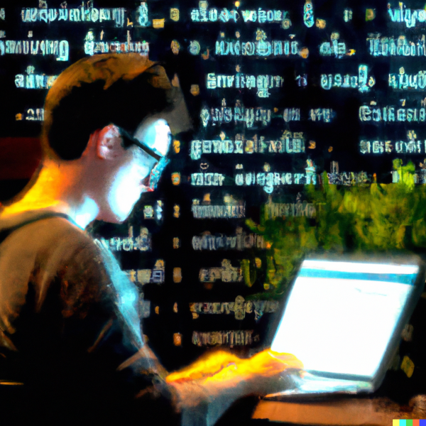 Una pintura al óleo de ukiyo de un joven desarrollador de software que programa en un café en una toma cerrada con un código de computadora brillante sobre un fondo oscuro.