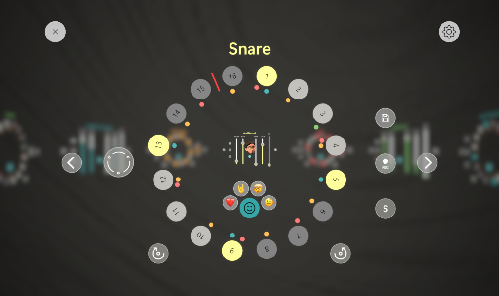 Captura de pantalla de la aplicación DuoRhythmo que muestra el círculo de tambores Snare