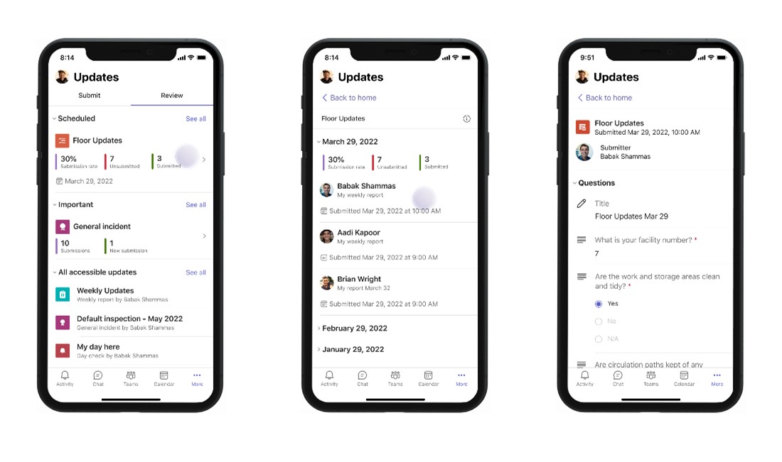 Aplicación móvil de Microsoft Teams que muestra la vista de la aplicación Actualizaciones. Los dispositivos móviles muestran actualizaciones de un plano de planta de la tienda.