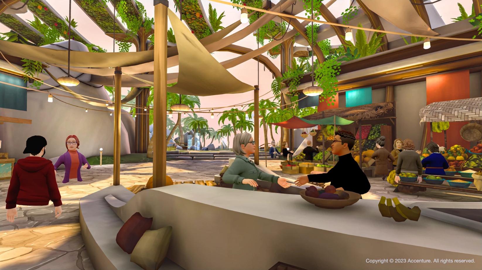 Una animación en 3D del Food Innovation Hub, que muestra a las personas reunidas en un café al aire libre rodeado de puestos de comida.