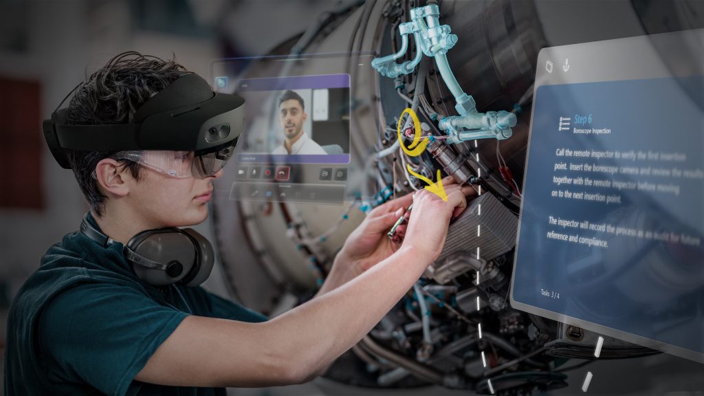 Trabajador de fábrica que usa HoloLens 2 para completar una tarea