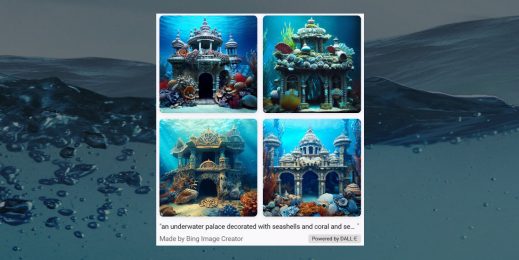 imagen digital de un palacio submarino creado a través de prompts en Bing Image Creator.