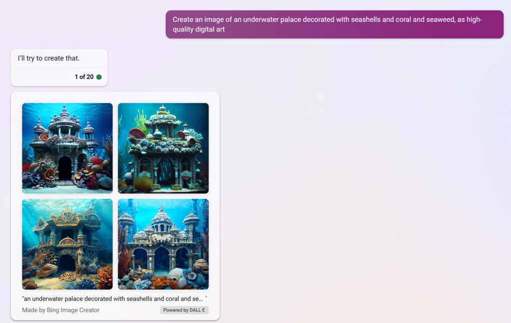 Conversación de Bing Chat que muestra imágenes de un palacio submarino. a partir de prompts.