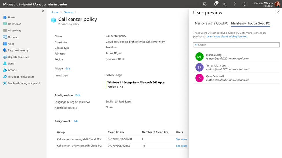 Una captura de pantalla de Microsoft Intune con la política de aprovisionamiento de Windows 365 para Windows 365 Frontline seleccionado después de la creación para ver los usuarios que recibieron PC en la nube