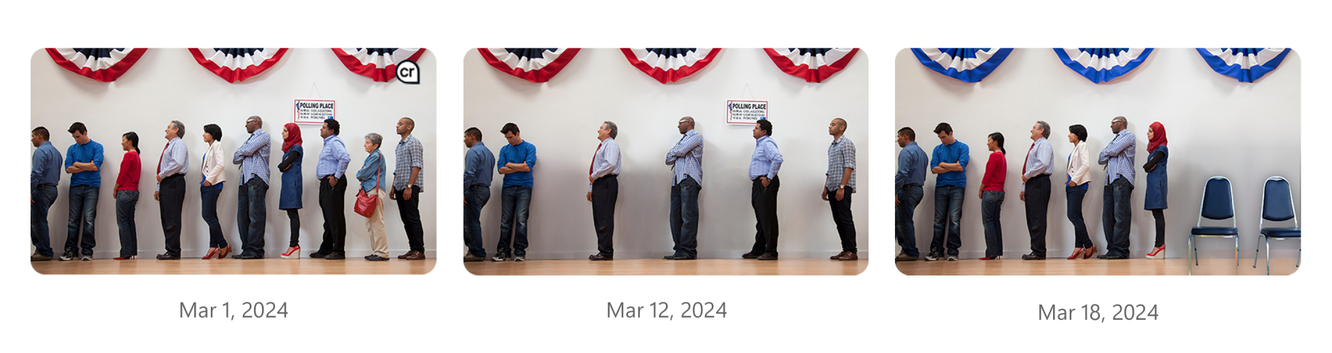 Tres imágenes de personas que esperan para votar. La primera imagen tiene credenciales de contenido aplicadas a los medios originales.