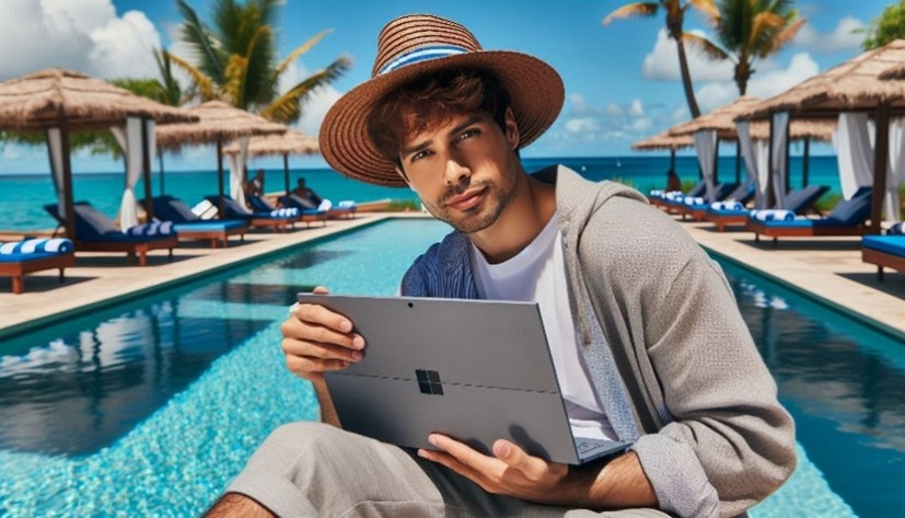 Imagen generada con Copilot de un hombre en una playa, junto a una alberca, con un dispositivo Microsoft Surface