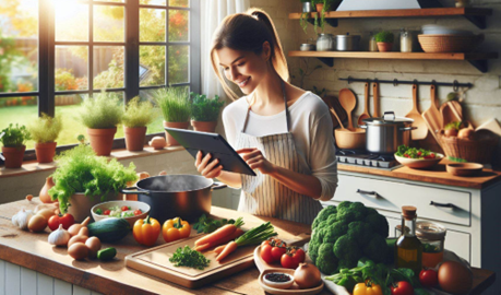 Imagen creada con Microsoft Copilot de una mujer observando una tablet en una cocina