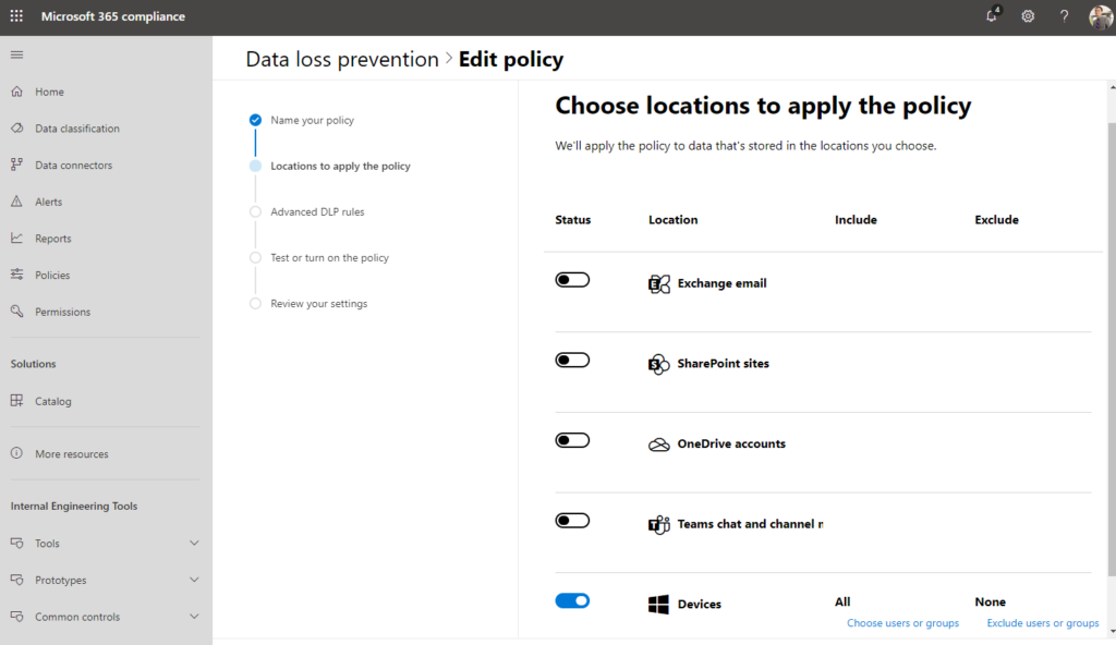 tabela com edição de política de prevenção de perda de dados