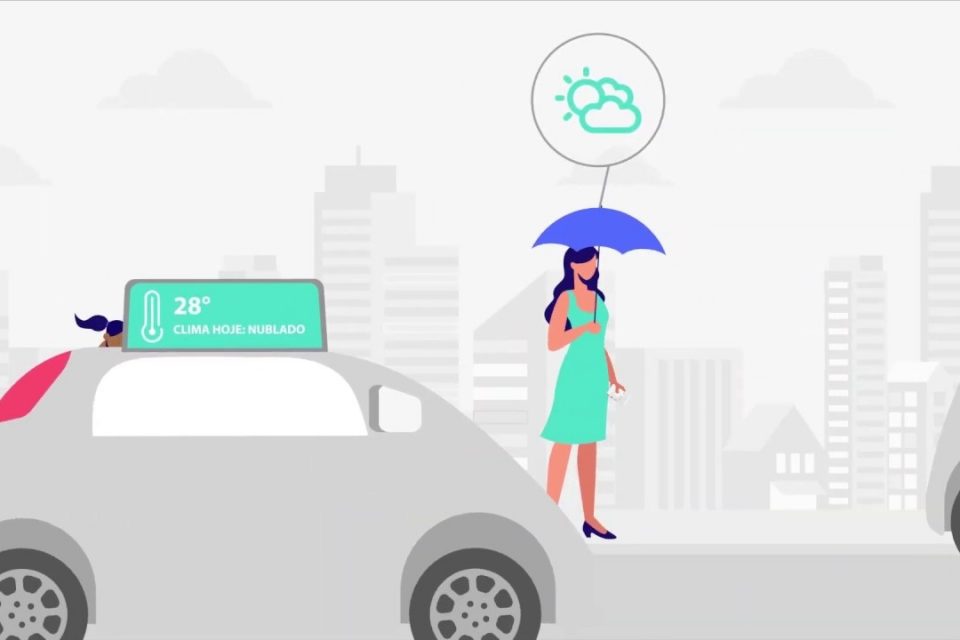 ilustração ed mulher com guarda-chuva e carro passando
