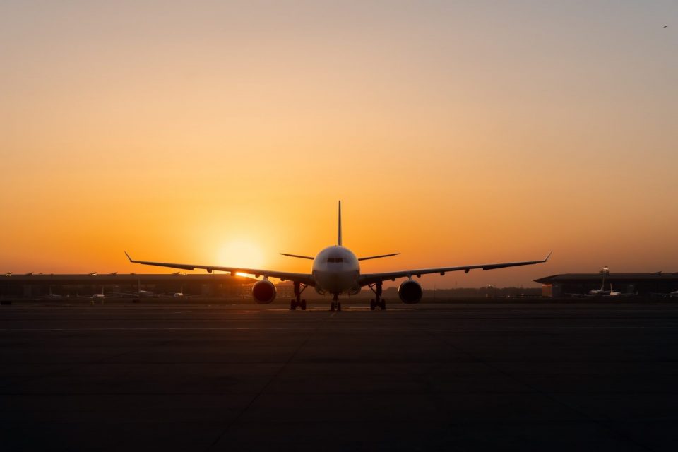 avião com por do sol atrás