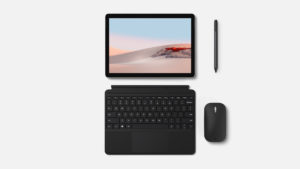 Surface Go 2 laptop with a mouse and a pen