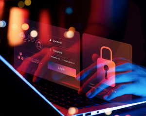 3D rendering of keyboard with login interface: username and password input fields, accompanied by a prominent lock symbol. Image represents the cybersecurity PR event by Microsoft Hellas and EY discussing the legal and regulatory landscape of cyber defense.