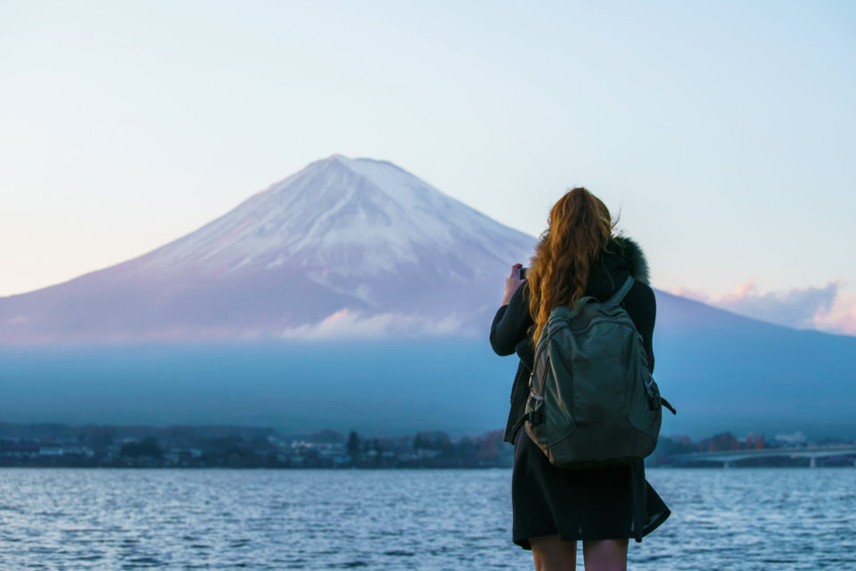 Tourist looking at Mt Fuji