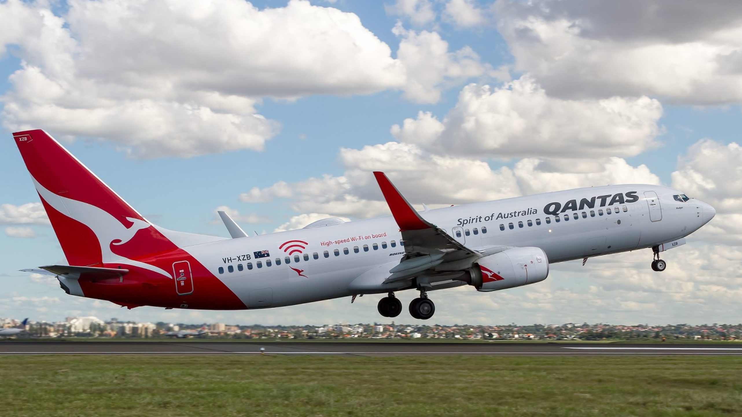 A Qantas jetliner takes off
