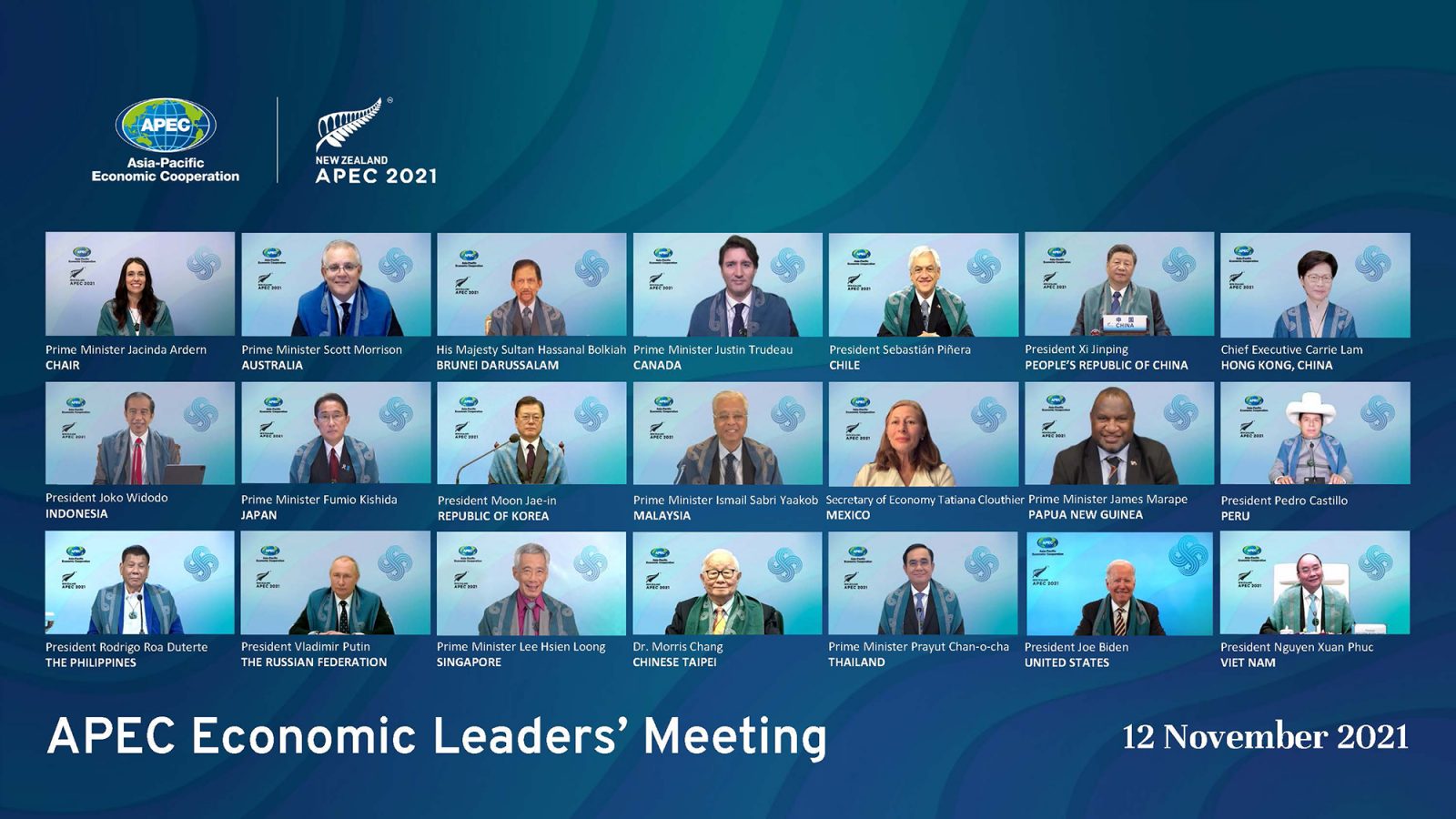 Screenshot of 21 members at the APEC Economic Leaders’ Meeting