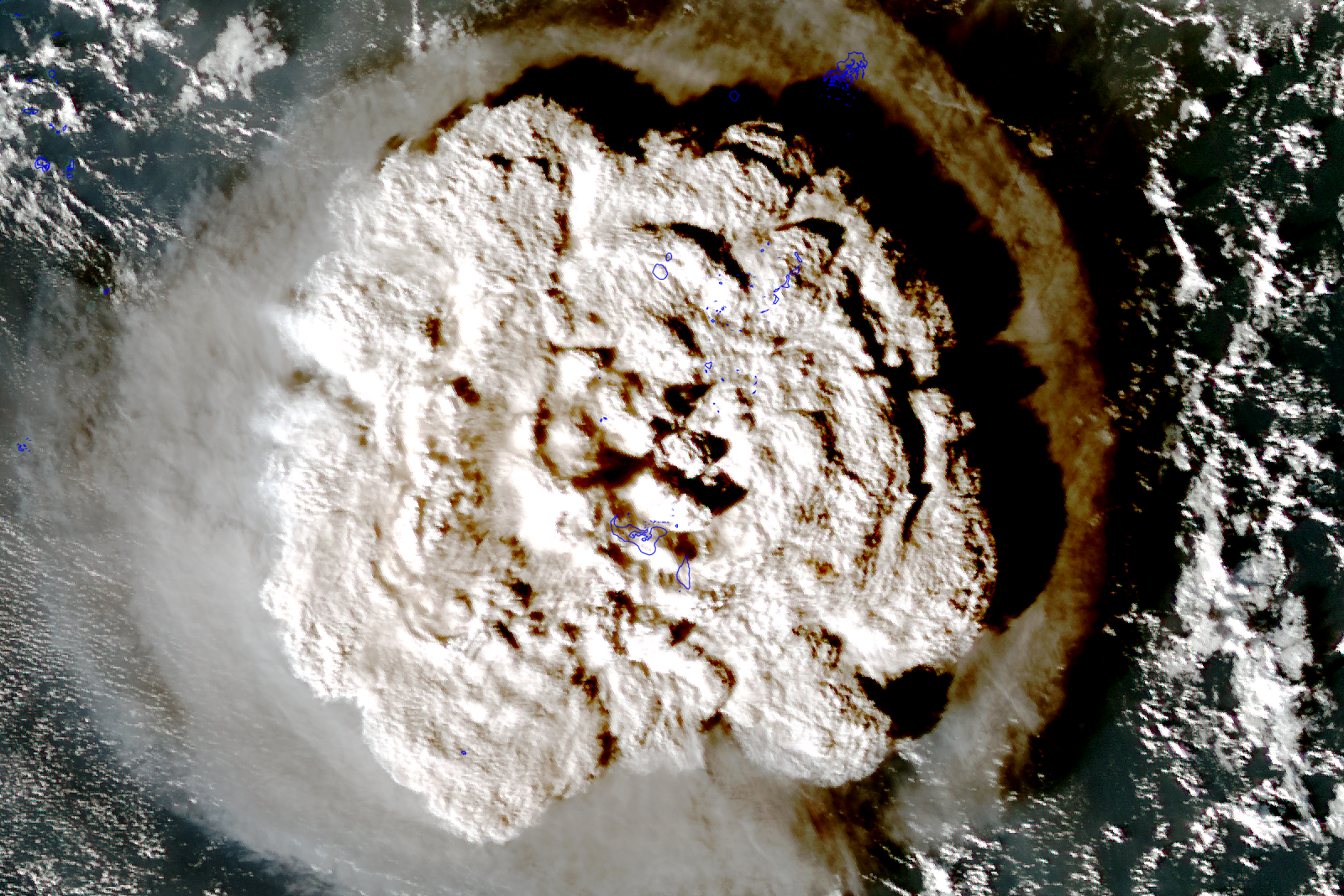 A dust cloud from a volcanic eruption as seen from space.