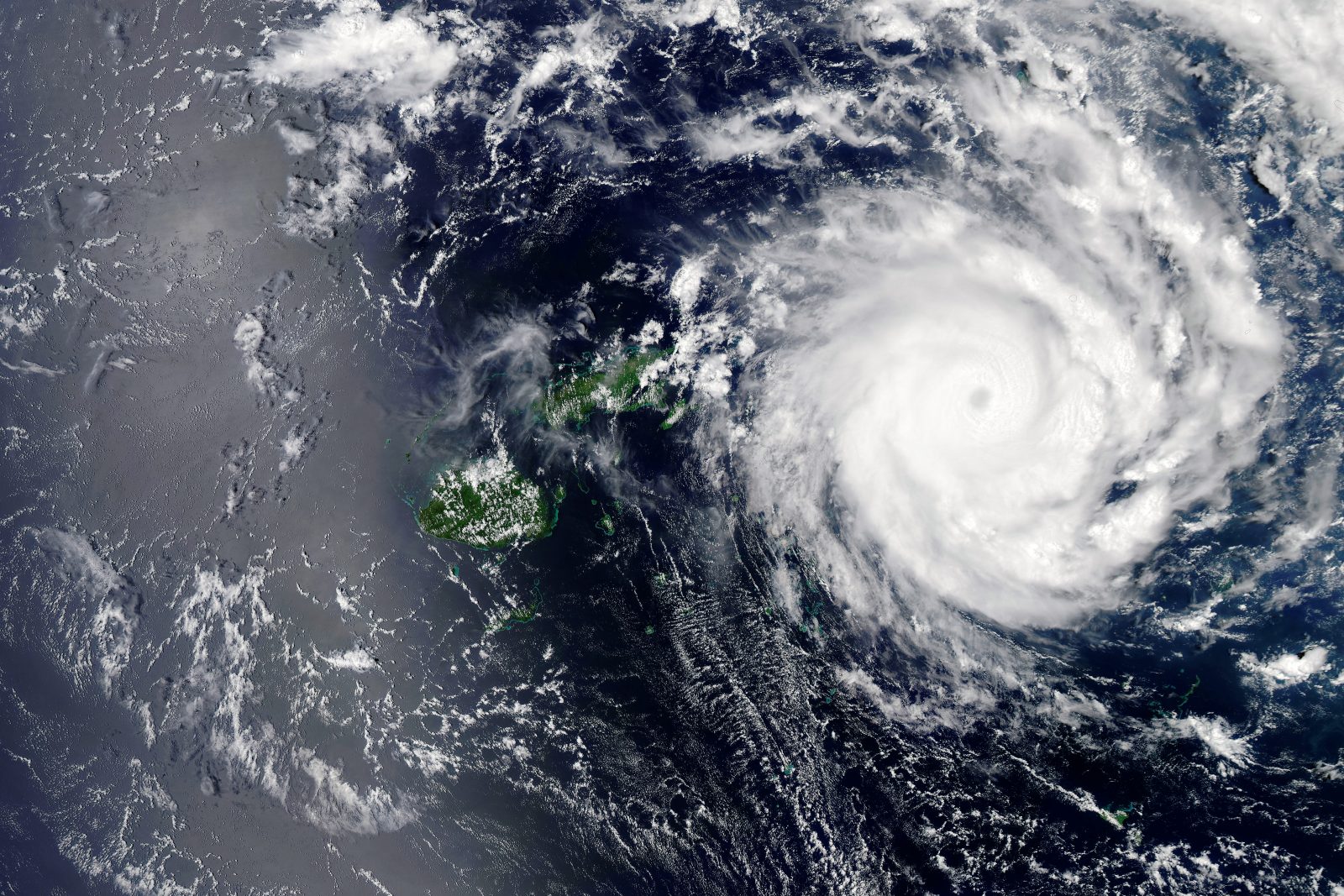 A satellie photograph of a tropical hurricane.