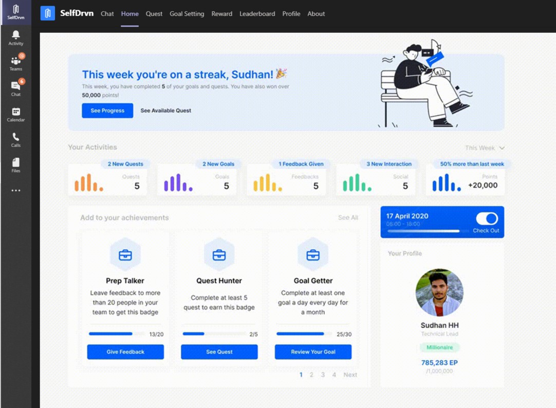 An interface of SelfDrvn intergrated with Microsoft Teams with gamification features, to make remote work more engaging